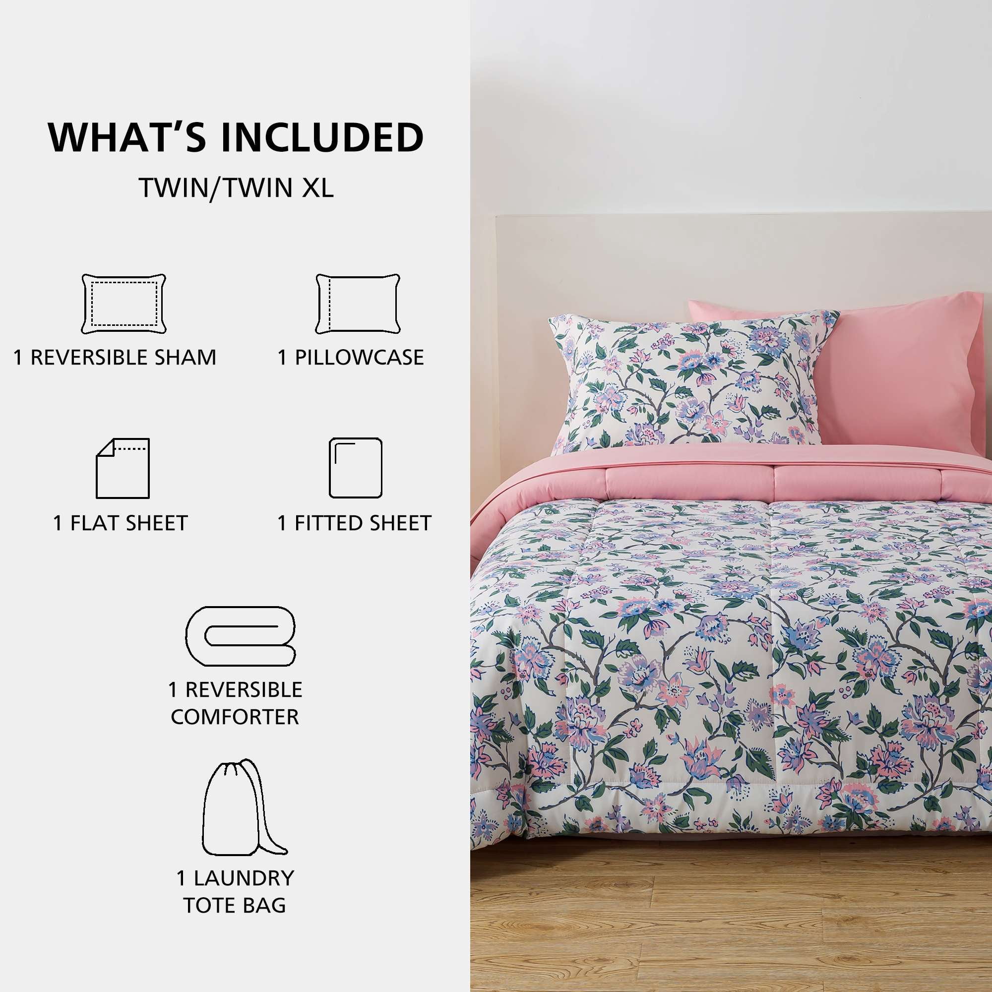 Mainstays 5-Piece Reversible Bed in a Bag with Laundry Tote, Purple Floral, Twin-XL