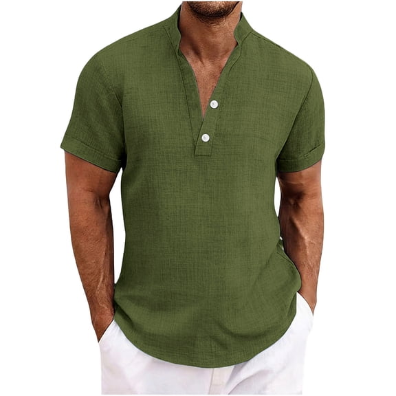 BangWanChi Mens Soft Linen Cotton Shirts Fashion Men Casual Solid Short Sleeve Stand-Up Lapel Shirt Button Tops Army Green L