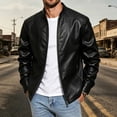 thumbnail image 2 of Leather Jacket Men Faux Leather Jackets Winter Fall Zipper Stand Collar Waterproof Windproof Bomber Jacket Casual Long Sleeved Biker Coat, 2 of 5