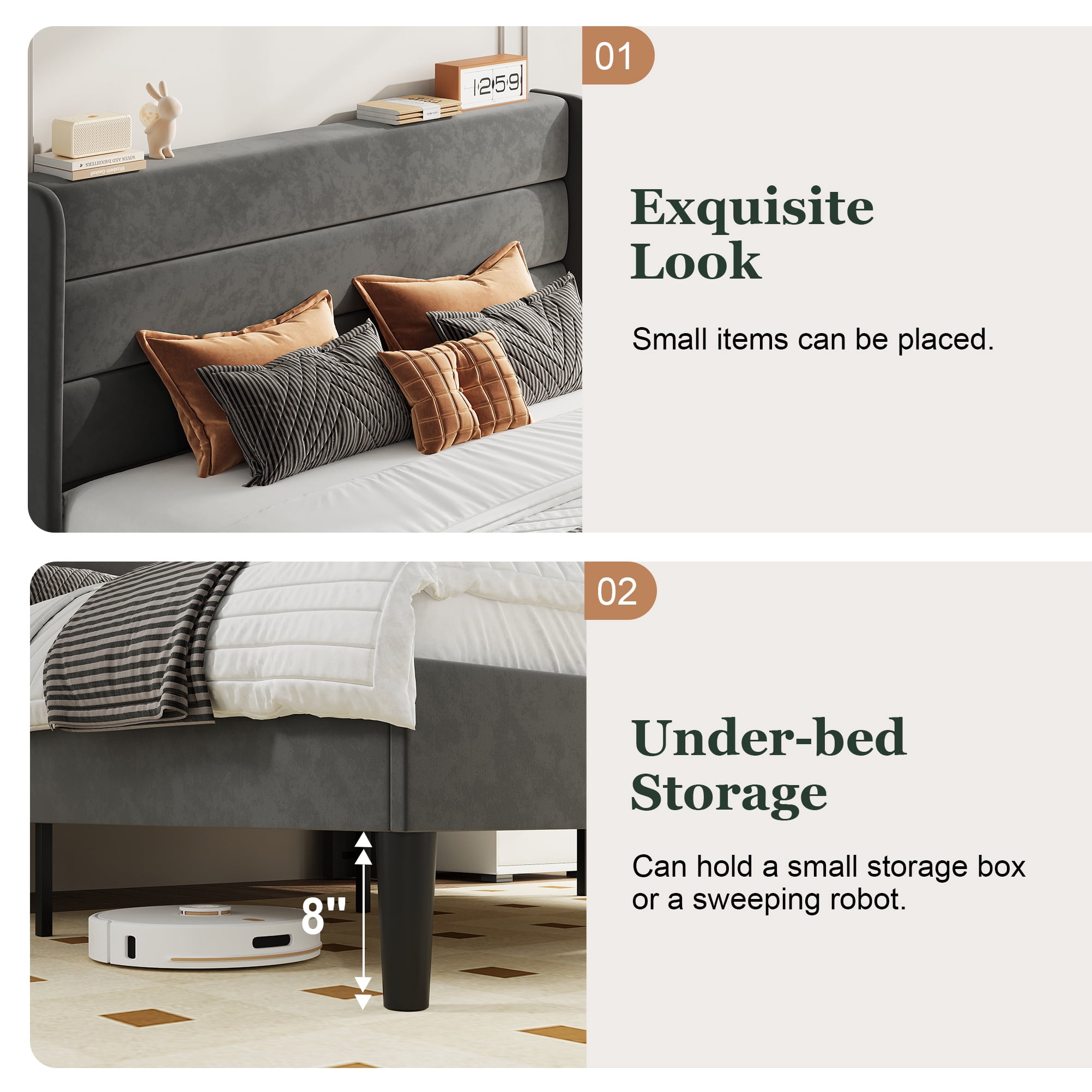 Amolife Full Size Platform Bed Frame with Velvet Upholstered Wingback Headboard, No Box Spring Needed, Light Gray