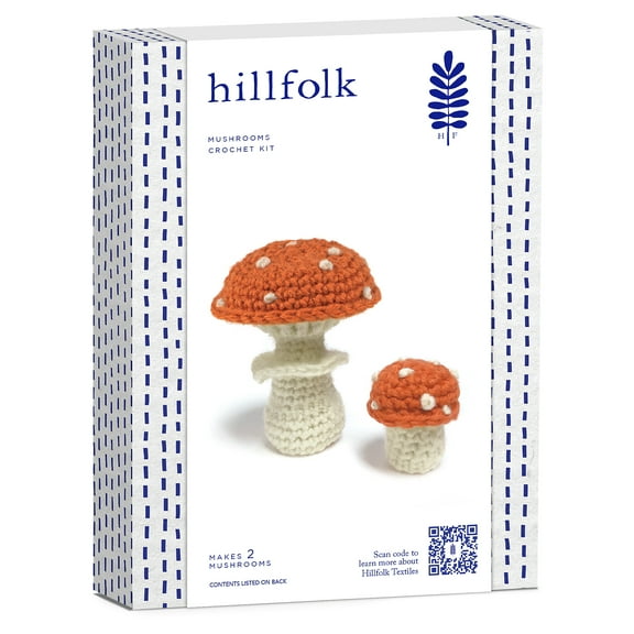 Hillfolk Crochet Mushroom Kit- Includes Crochet Hook, Yarn, Polyfill And Instructions. Makes Two Mushrooms, Approximately 4" And 2" Tall.