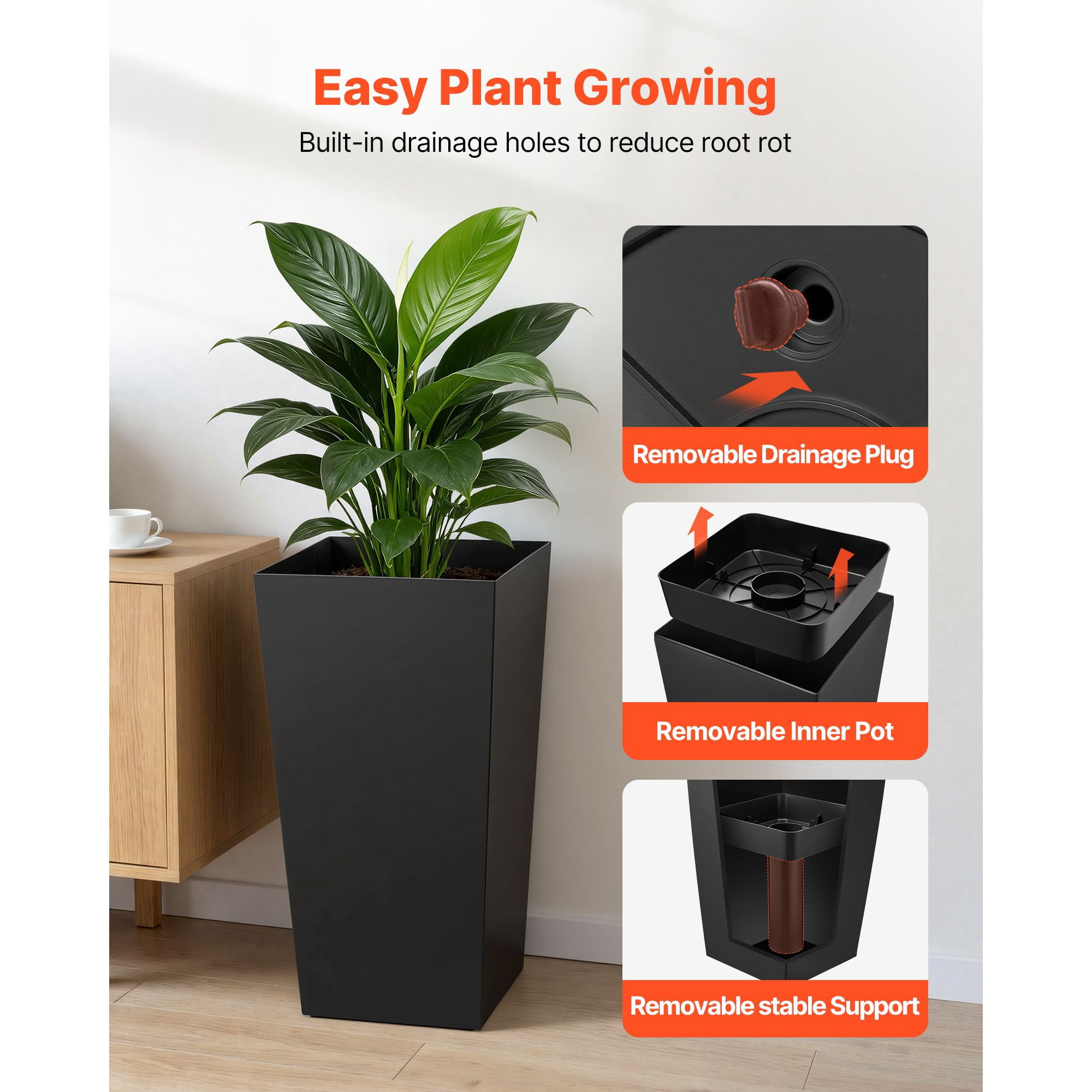Tall Planters Set of 2, 30" Modern Cone Planters with Casters & Drainage, Front Porch Patio Garden