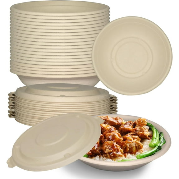 24 oz Round Disposable Compostable Paper Bowls with Fiber Dome Lids - Heavy-Duty, Eco-Friendly Natural Bagasse Unbleached, Heat Resistant, 100% Biodegradable Salad Bowls Alternative to Plastic (25)