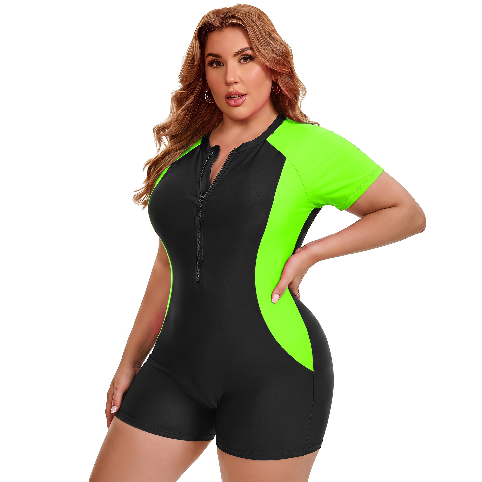 DARING DIVA Women's Plus 1 Piece Zip Front Short Sleeve Swimsuit 4X Black Green
