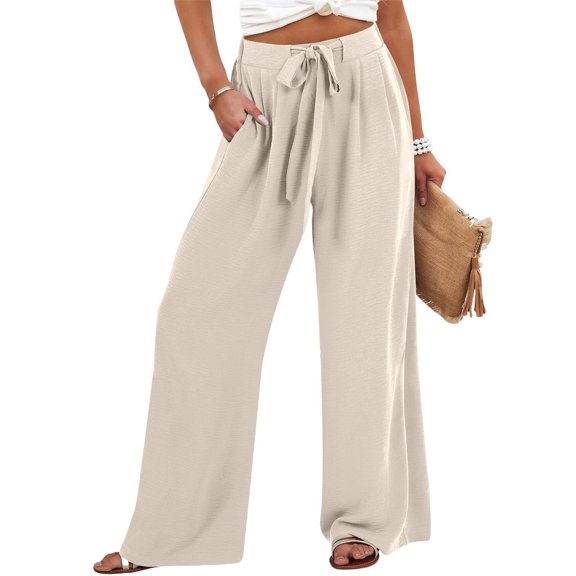 GILIGEGE Linen Pants Women # Belted High Waisted,Plus Size Pants Flowy Pants Leisure Trousers Daily Loungewear Elongate Legline Full Length Ankle Grazer Trendy Classic Neutral Solid Beige