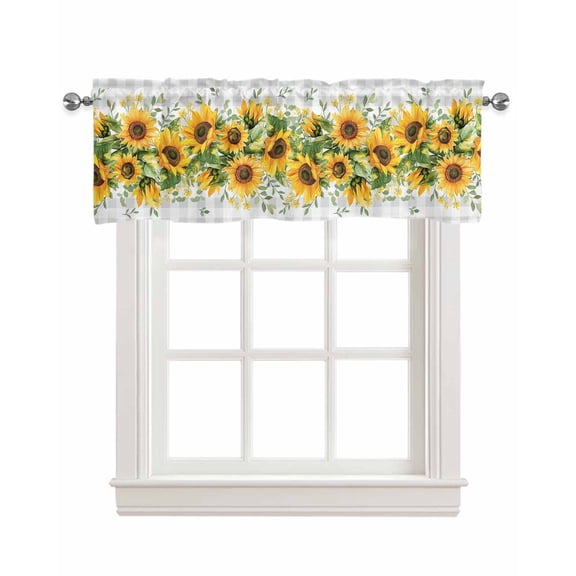 Sunflower Plaid Kitchen Valances for Windows Farmhouse Linen Window Valance Curtain for Living Room Window Treatment Retro Yellow Green Floral Leaf Grey Valance Rod Pocket Topper Drape, 42 x 18 Inch