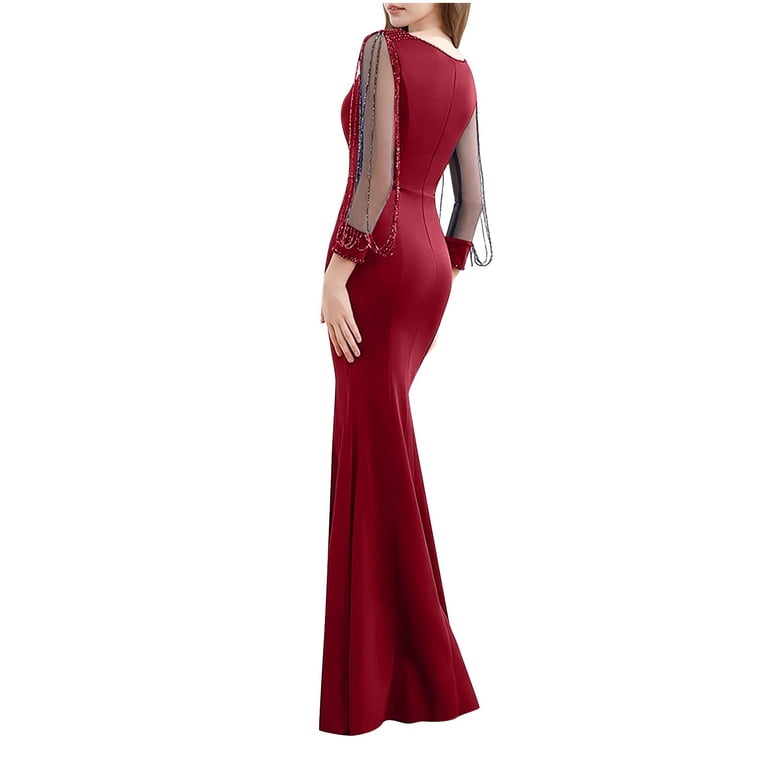 Mrat Plus Size Bridesmaid Dresses Long Sleeve Prom Dress for Women Beads Mesh Sleeve Maxi Dress Bodycon Fall Mermaid Party Wedding Long Dresses S-12