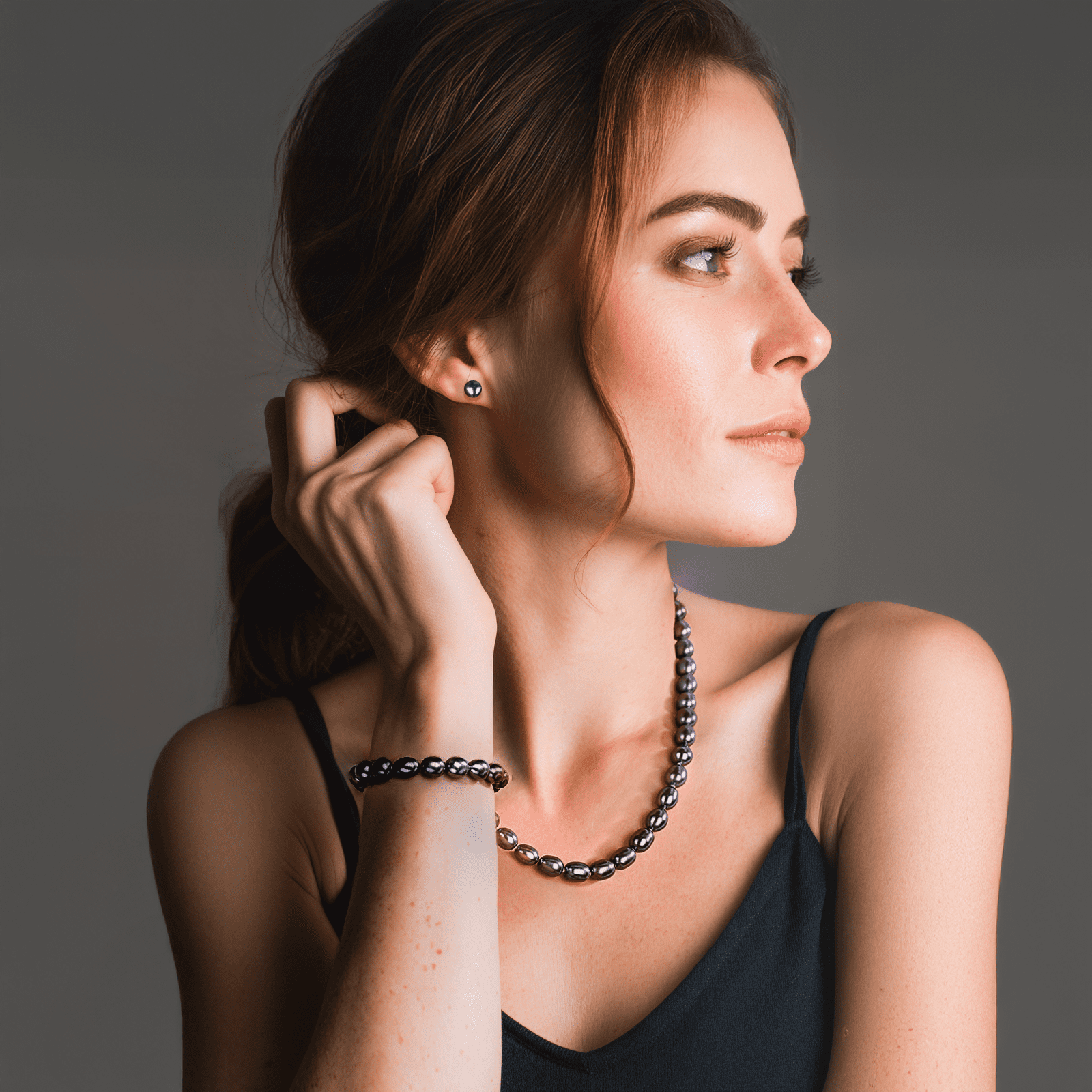 Bakimi Black Cultured Pearl Necklace and Earrings Set, 6-7mm Freshwater Pearls Jewelry, 925 Sterling Silver Stud Earrings, Elegant Mother'day Gift for Women