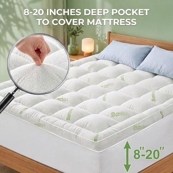 Cooling Bamboo Quilted Mattress Topper, Deep Pocket 360° Fitted Noiseless Bed Pad for Home & Dorm（White,King)