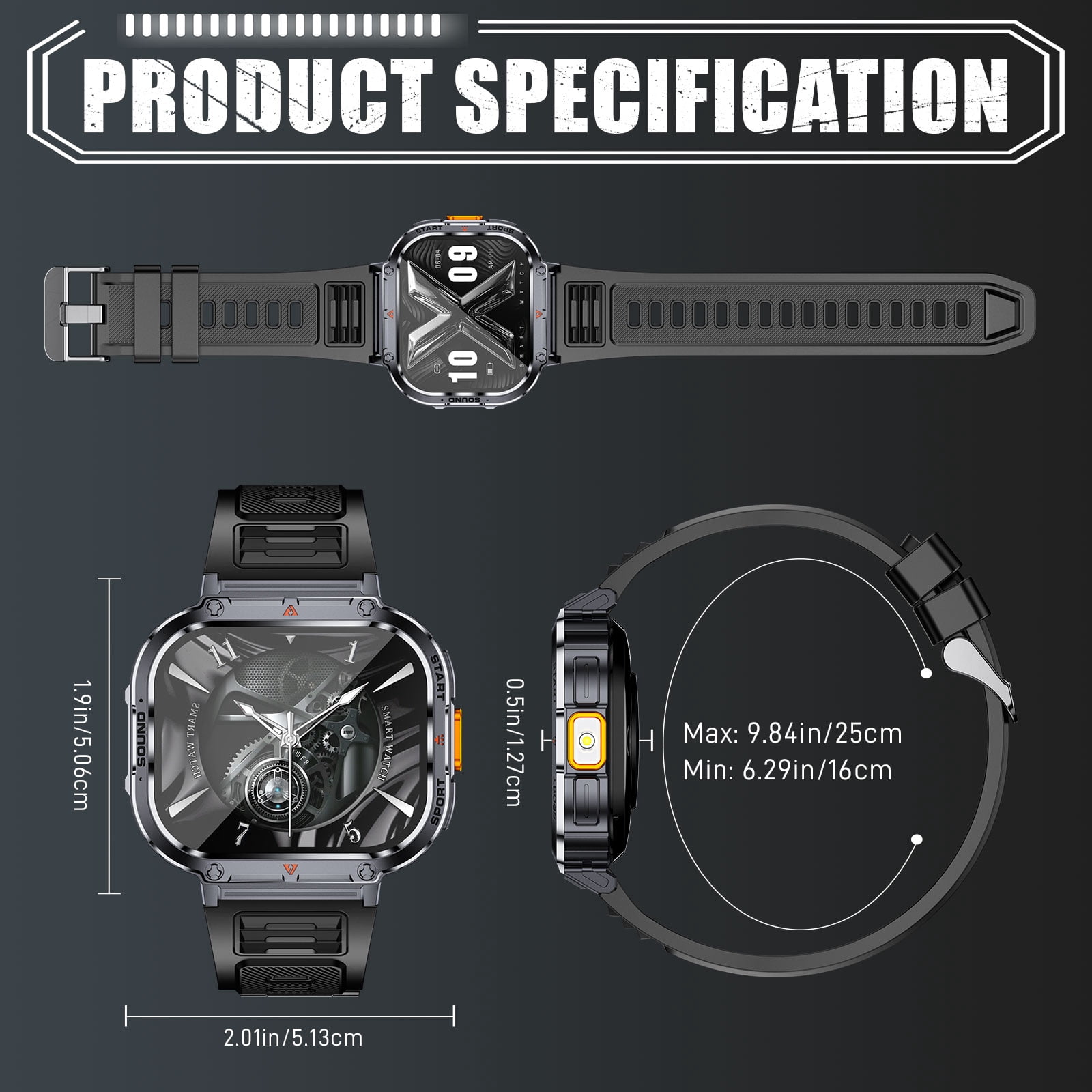 VOPOCO NX23 Smart Watch for Men with Flashlight 2.0'' HD Big Screen Rugged Smart Watch, 400mAh Battery, 100+ Sports Modes Watch for iOS Android, 1pc