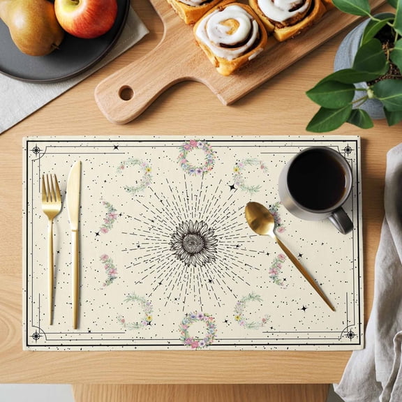 Boho Flowers Placemats Set of 6, Bohemian Floral Stars Moon Beige Farm Heat Insulated Linen Place Mats, Washable Stain-Proof Table Mats for Dining Tables Holiday Decor 13x19 Inches