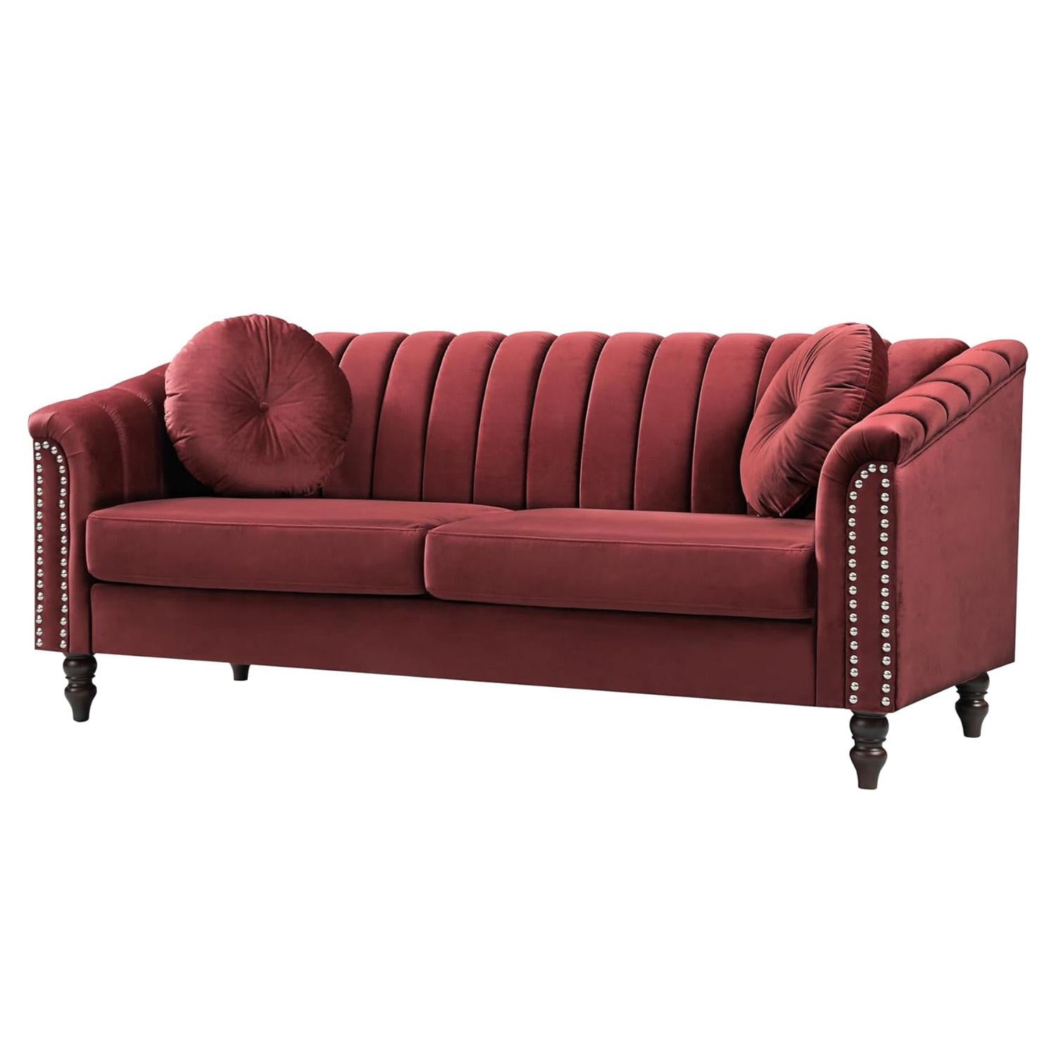 Gewnee Chesterfield Velvet Sofa Couch with Nailhead Trim and 2 Pillows for Living Room,Red