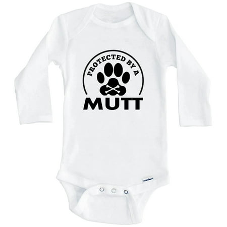 

Protected By A Mutt Funny One Piece Baby Bodysuit (Long Sleeve) 6-9 Months White