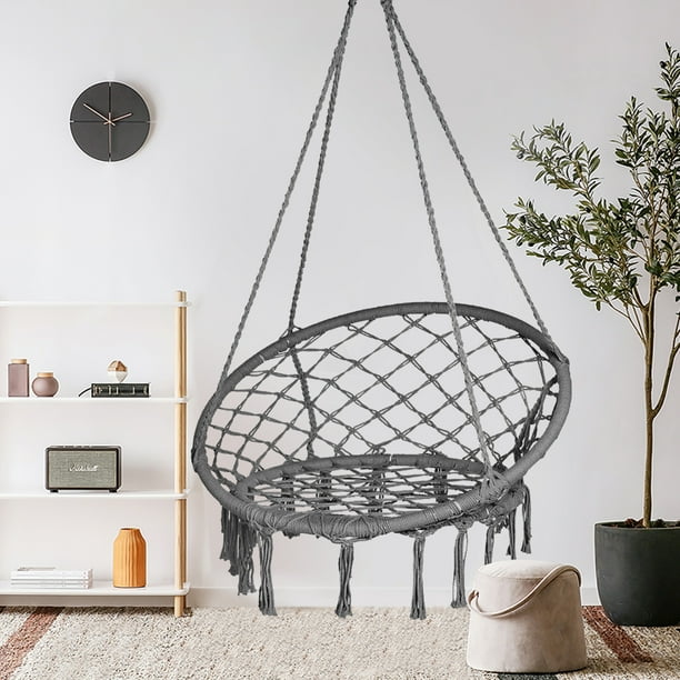 Hammock Chair Rope Swing Handwoven Cotton Round Hanging For Indoor Outdoor Patio Garden Porch With Fringe Tassels Capacity Up To 529 Lbs Com Hammock Chair Rope Swing Handwoven, Round Hanging Porch Swing