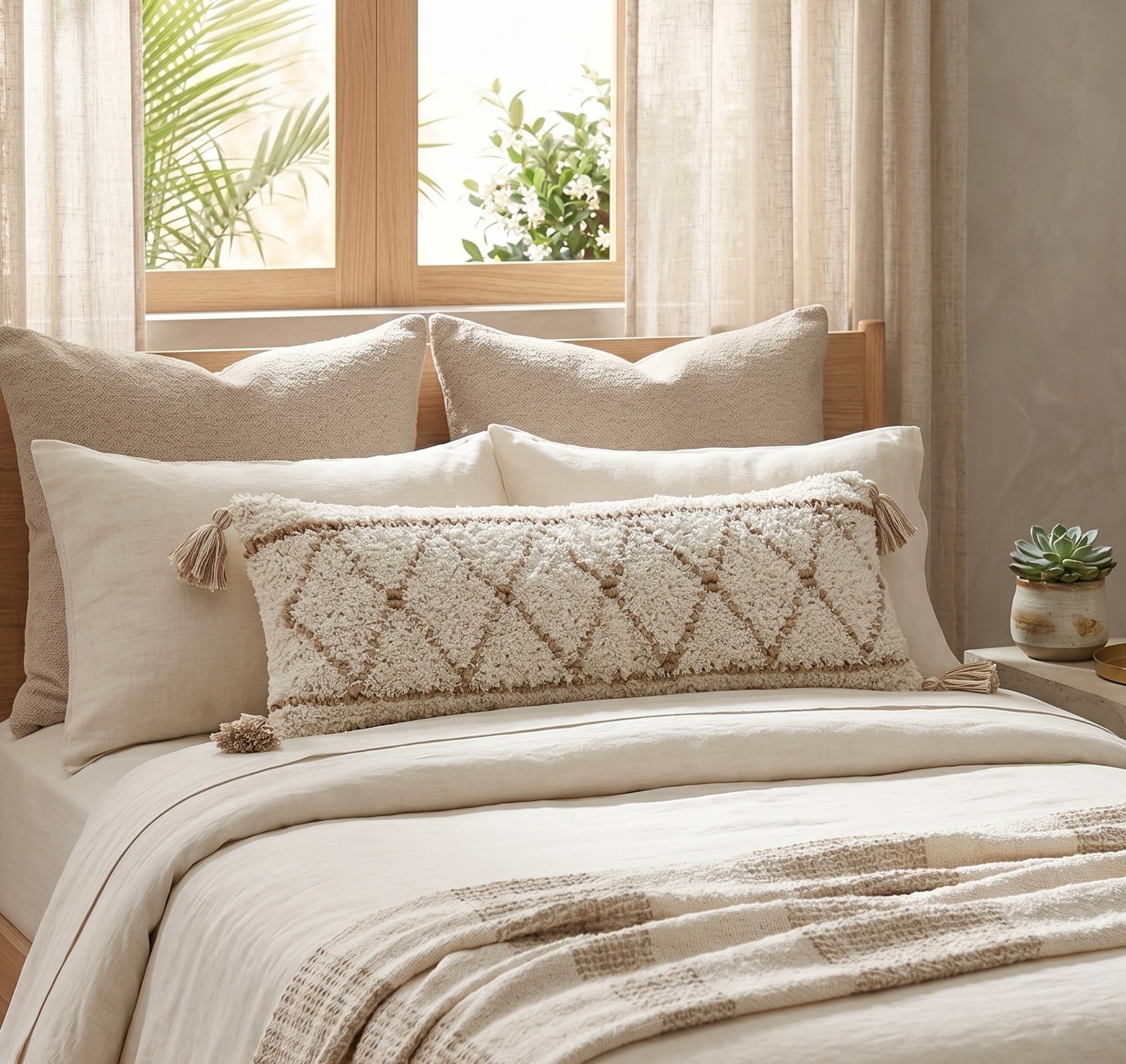 LR Home Ox Bay Hand-Woven White/Brown Diamond Cotton Blend Pillow Cover