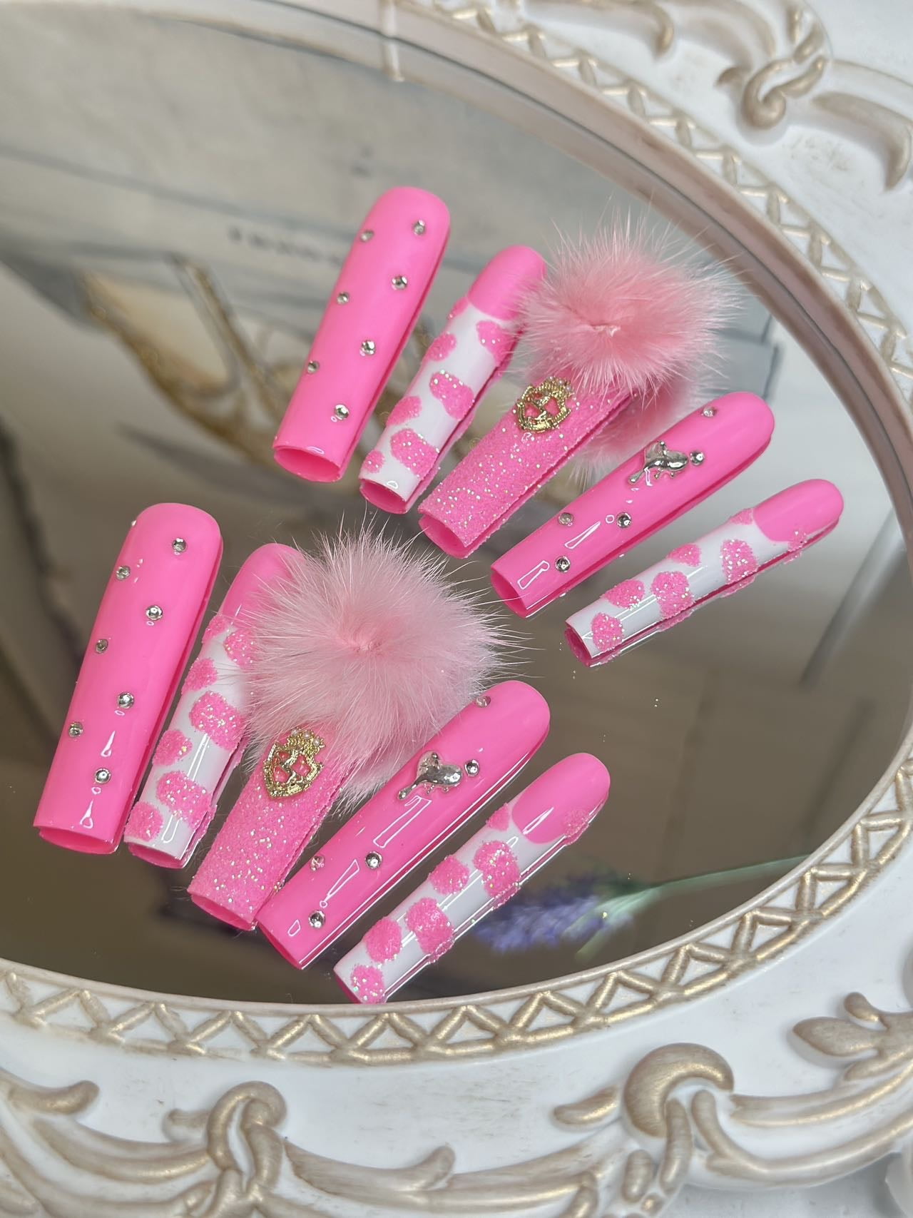 10Pcs Pink Luxury 3D Acrylic Press-On Nails Handmade Reusable False Nails