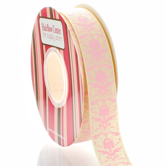 7/8" Ivory w/ Pink Damask Grosgrain Ribbon 100 Yard