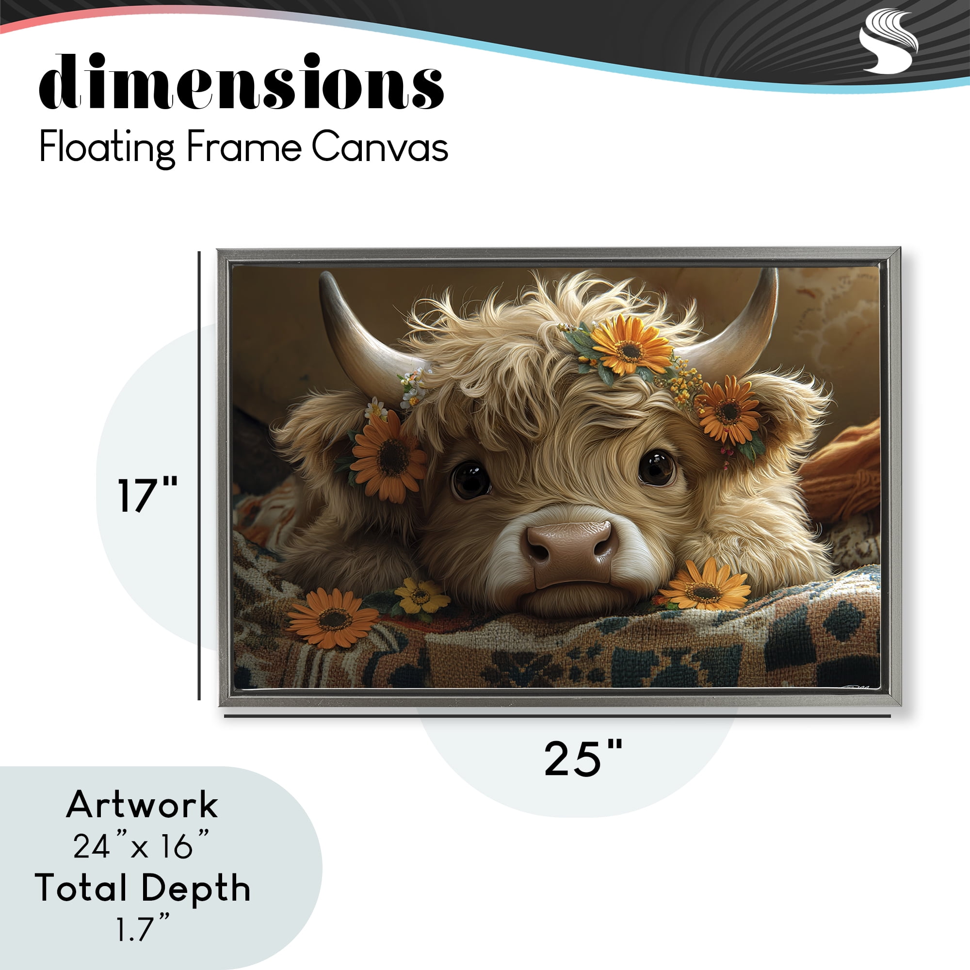 Adorable Flower Bedecked Cattle Gray Framed Floater Canvas Wall Art, design by Momart