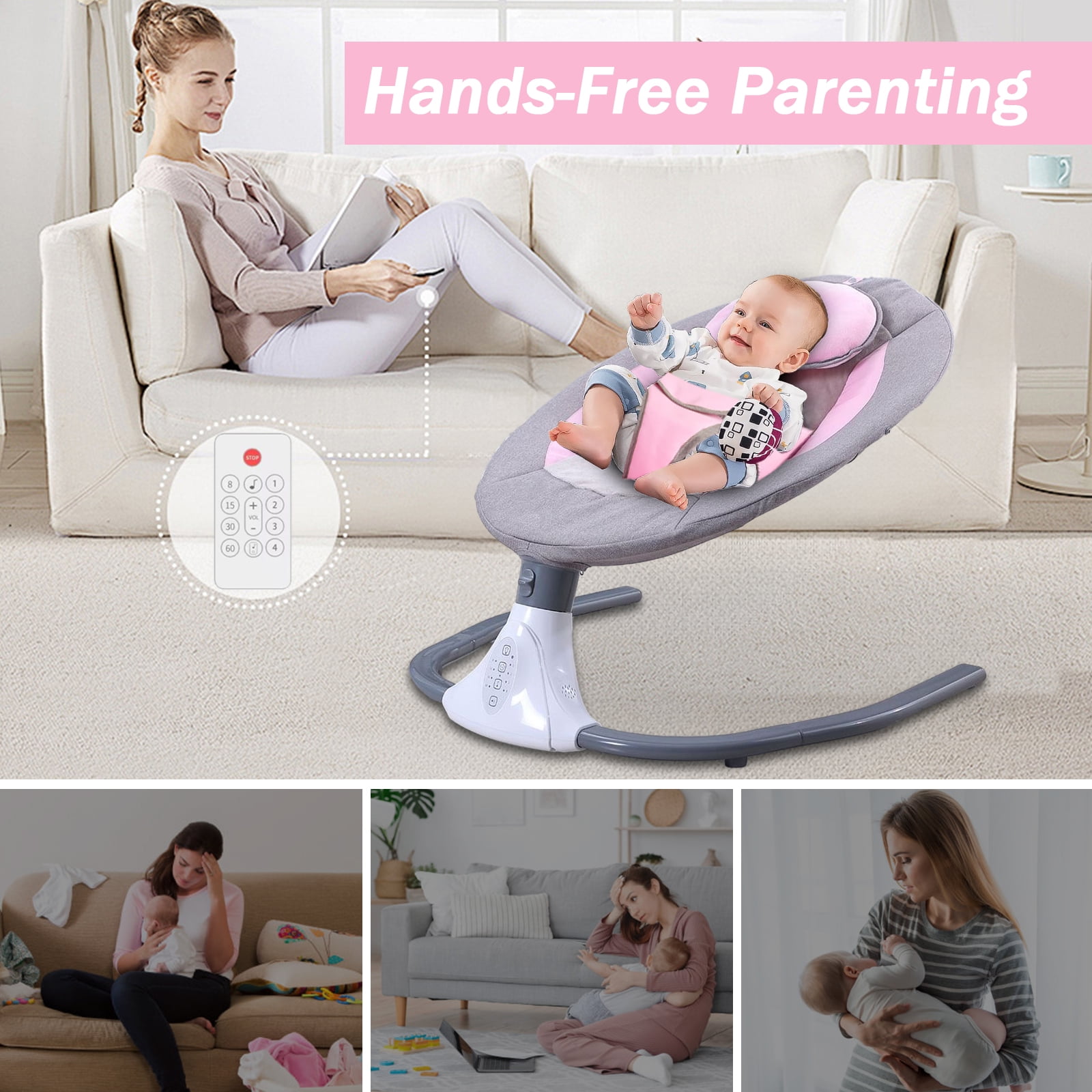 Beuway Electric Baby Swing for Infants - Bluetooth Music Speaker with 12 Lullabies,4 Speeds,4 Timers,Remote Control, Pink