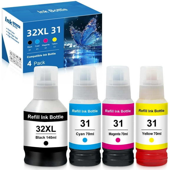 Compatible 31 32XL Ink Bottle Replacement for Ink 31 32XL for Smart Tank 7301 7602 7001 6001 5101 Plus 551 555 651 655 557 559 Ink Tank 310 319 410 Printers (4-Pack, Black Cyan Magenta Yellow)