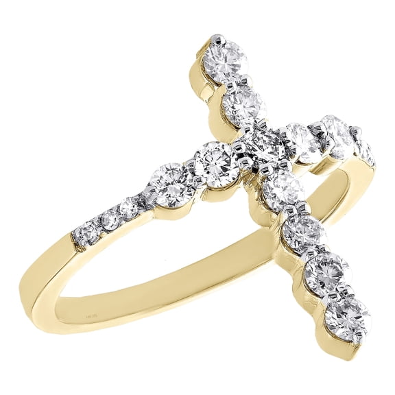 14K Yellow Gold Genuine Round Diamond 19mm Cross Right Hand Cocktail Ring 5/8 CT