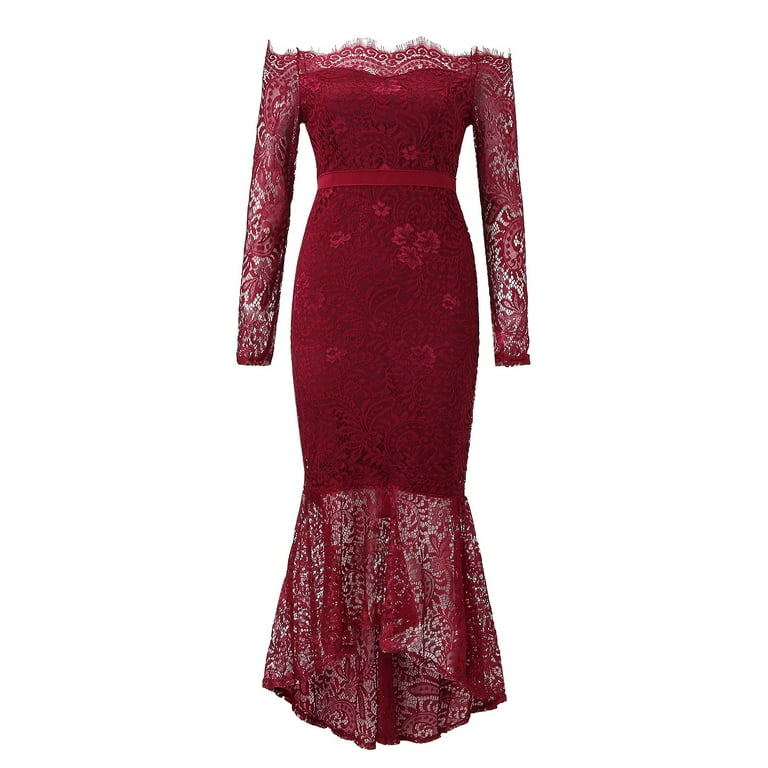 New Women Sexy Casual Long Sleeve Patchwork Off Shoulder Lace Fishtail Dress, Size: XL, Red New Women Sexy Casual Long Sleeve Patchwork Off Shoulder Lace Fishtail Dress, Size: XL, Red