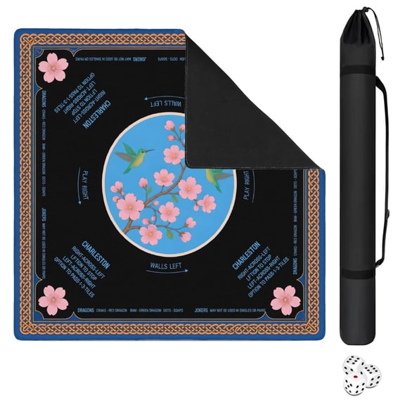 Mahjong Mat for Table 31.5" x 31.5" Black Hummingbird Cherry Blossom Oriental Anti Slip Noise Reduction Padded Board Game Table Mat for American Mahjong with Carrying Bag
