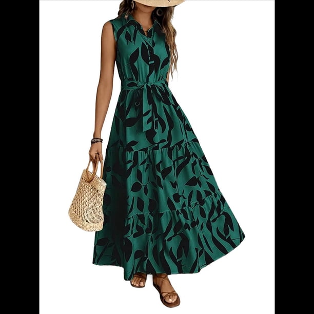 Vestido Maxi Floral de Verano para Mujer, Cuello Abotonado, Cintura Anudada, Volantes Escalonados, Sin Mangas, Estilo Bohemio, Verde L