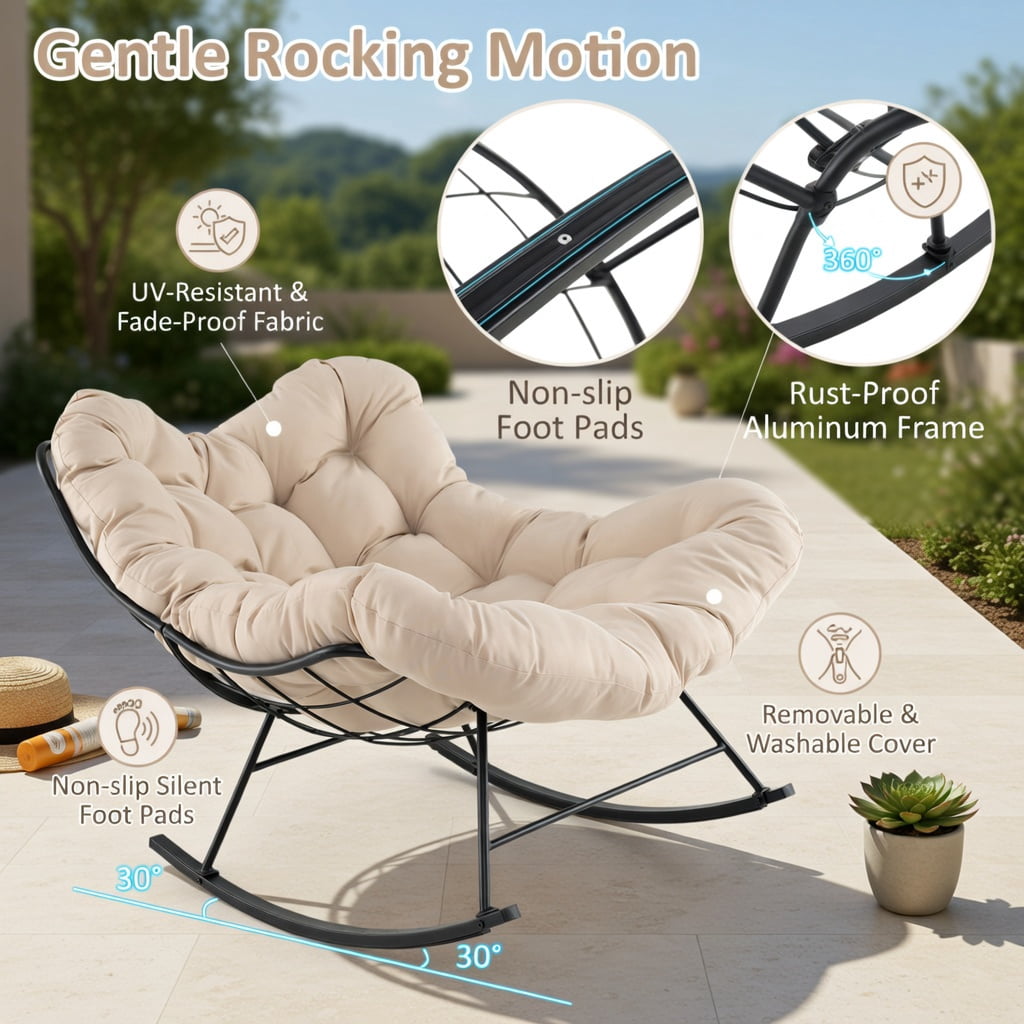 Hommoo Oversized Egg Papasan Rocking Chair with Thick Padded Cushion & Black Powder-Coated Metal Frame, Indoor/Outdoor Patio, Porch, Poolside Seating, Beige