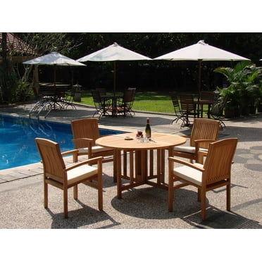 Teak Dining Set:4 Seater 5 Pc - 52" Round Table And 4 Stacking Leveb Arm Chairs Outdoor Patio ...