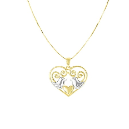 14k Two Tone Gold Shiny Heart White Doves Pendant Necklace - 18