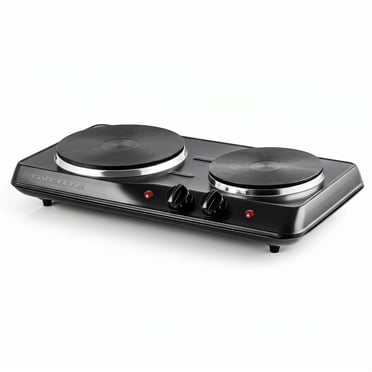 OVENTE Electric Countertop Double Burner, 1700W Cooktop with 7.25" and 6.10" Cast Iron Hot Plates, Temperature Control, Portable Cooking Stove and Easy to Clean Stainless Steel Base, Black BGS102B