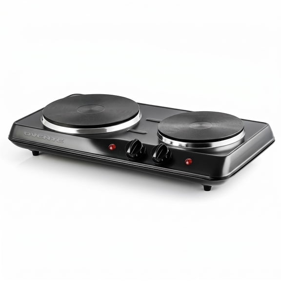 OVENTE Electric Countertop Double Burner, 1700W Cooktop with 7.25" and 6.10" Cast Iron Hot Plates, Temperature Control, Portable Cooking Stove and Easy to Clean Stainless Steel Base, Black BGS102B