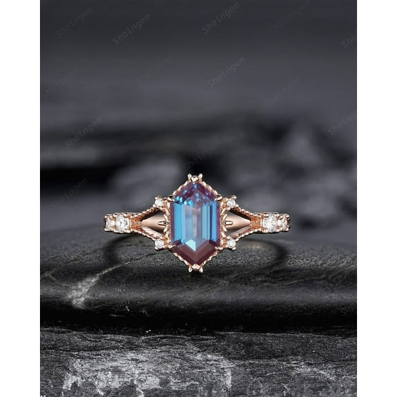 Hexagon Cut Alexandrite Engagement Ring, Unique Split Shank Milgrain Wedding Ring, Rose Gold Anniversary Gift Promise Ring for Women