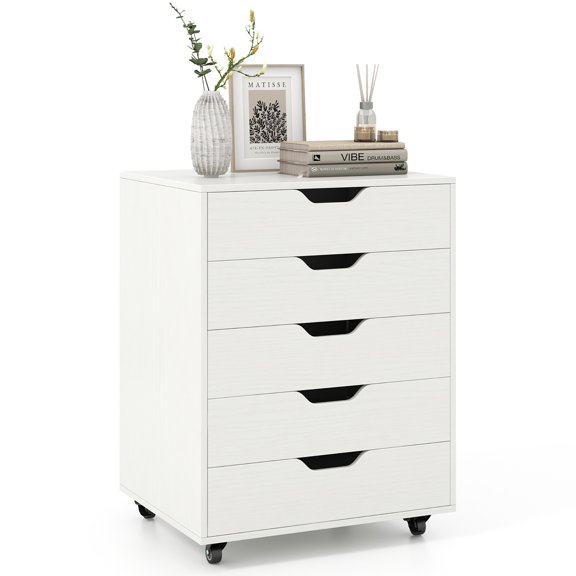 Gymax Lateral File Cabinet w/ Wheels 5-Drawer Dresser Modern Chest of Drawers