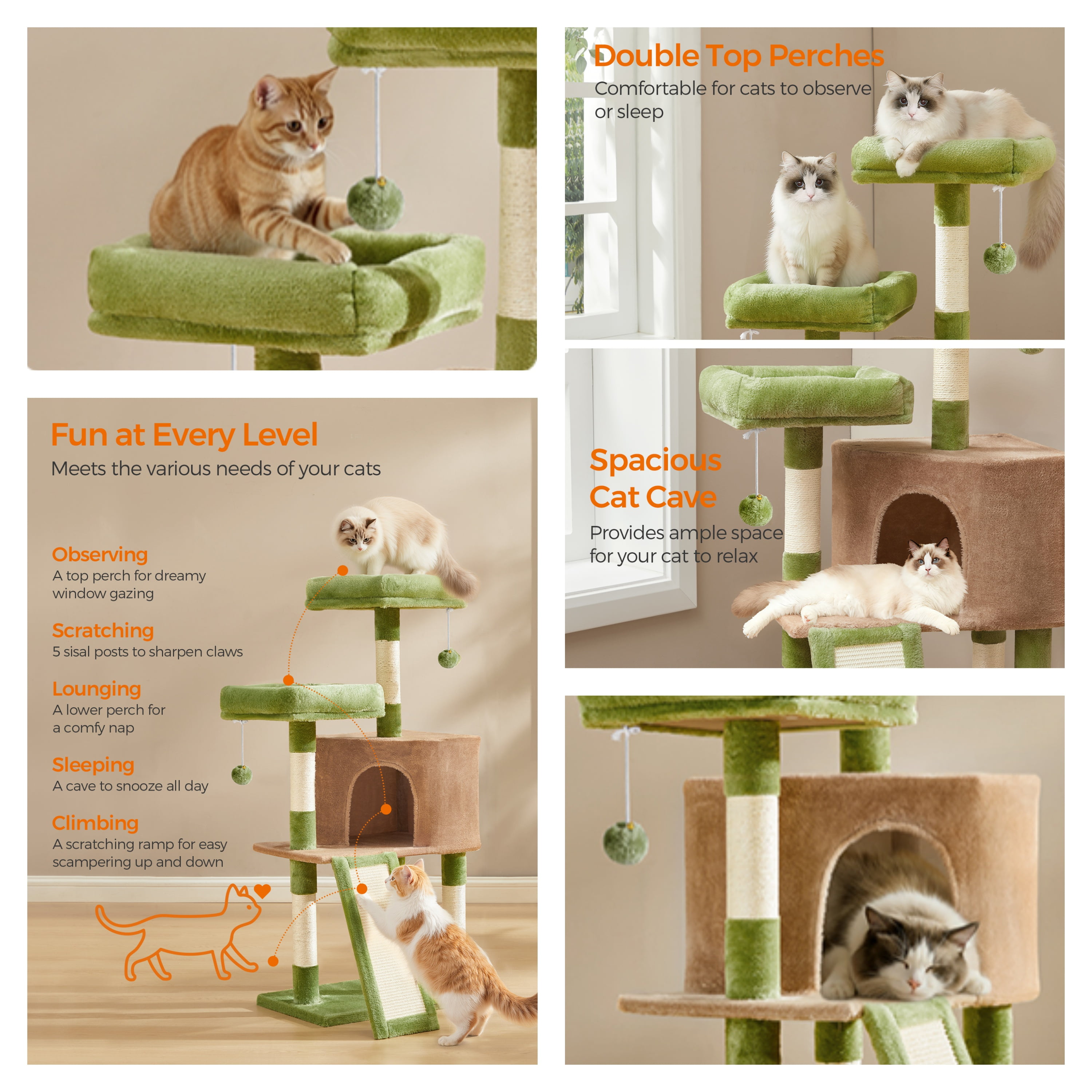 LEDREM Cat Tower, 45.3-Inch Indoor Cat Tree with Scratching Ramp, Perches, Spacious Cat Cave, Multi-Level Condo for Kittens, Adult Cats, Grass Green and Camel Brown