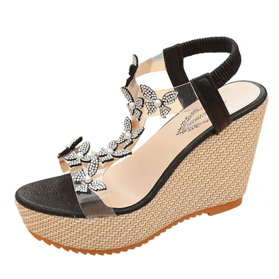 Black Women'S Fashionable Rhinestone Thick Sole Wedge Sandals Open Toe Summer Outdoor Footwear