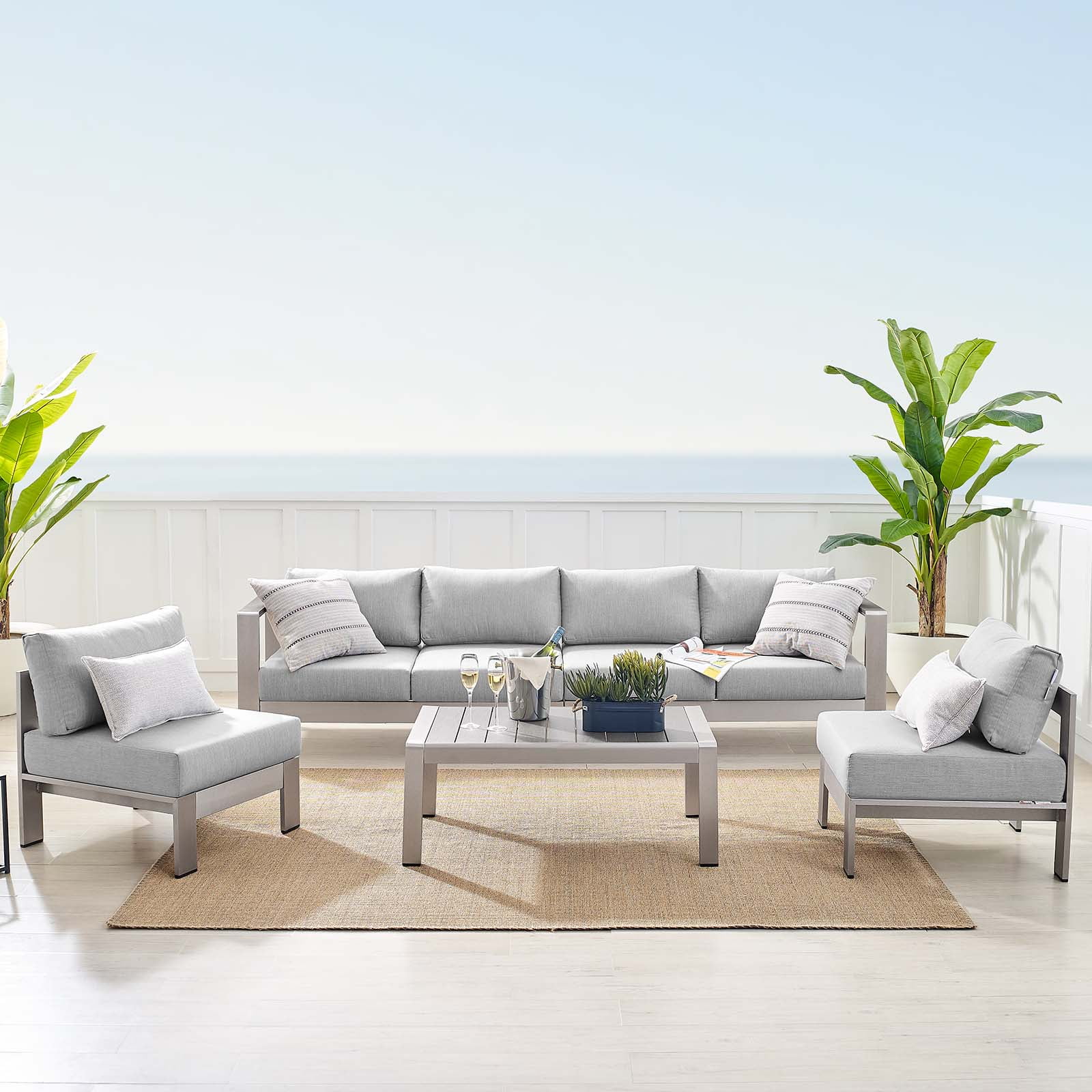 Shore Sunbrella Fabric Outdoor Patio Aluminum 5 Piece Sectional Sofa