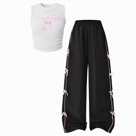 Leey-World Tween Girls Spring Fall Summer Clothes 2 Piece Outfit Set T-Shirt Top Cargo Pants Teen Girl School Clothing Set Size 8-12Y(White,12-13 Years)