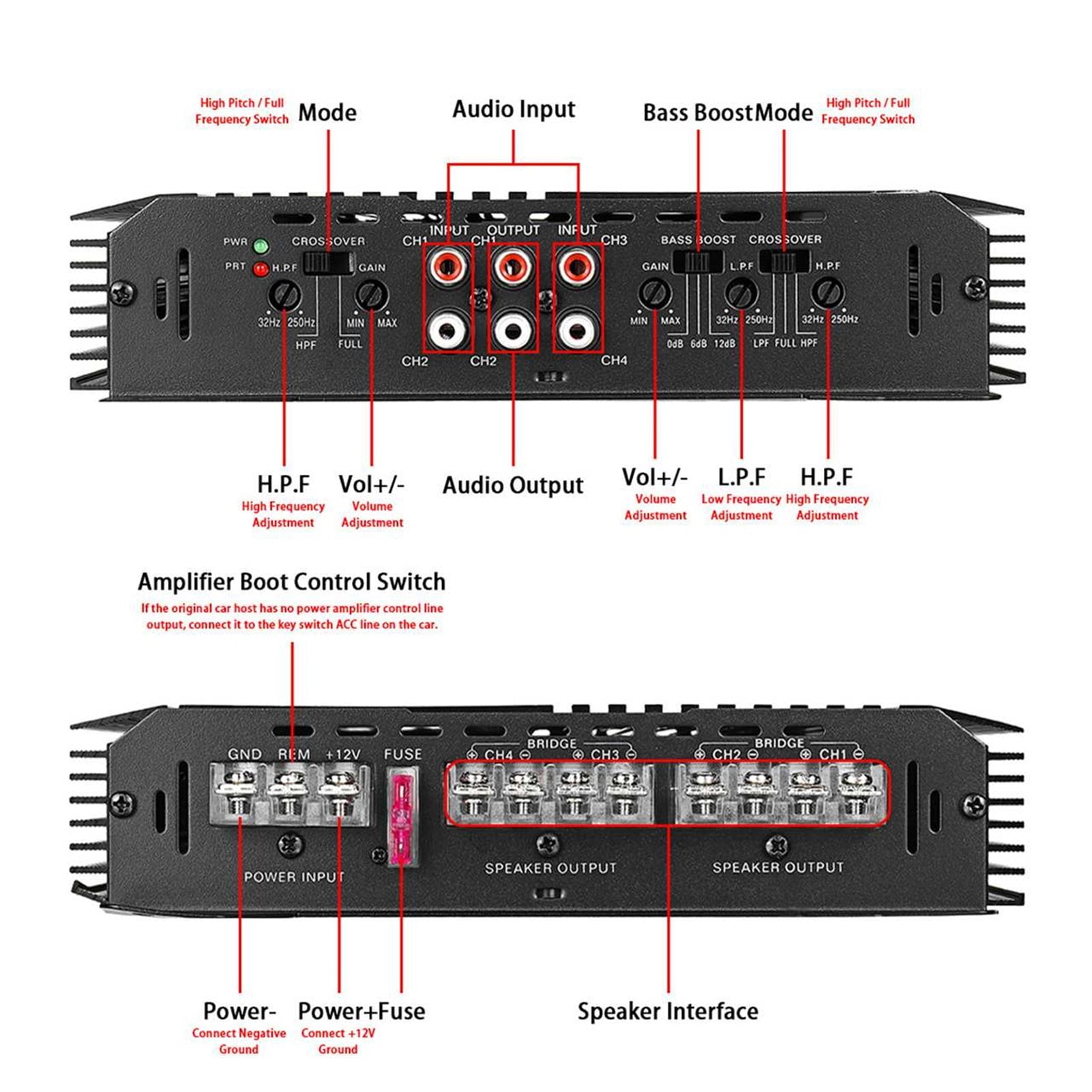 12V 6800W 4 Channel Car Amplifier Stereo Bass Speaker Car Amplifiers Subwoofer Vehicle Power Stereo Amplifiers 12V ,Small Footprint