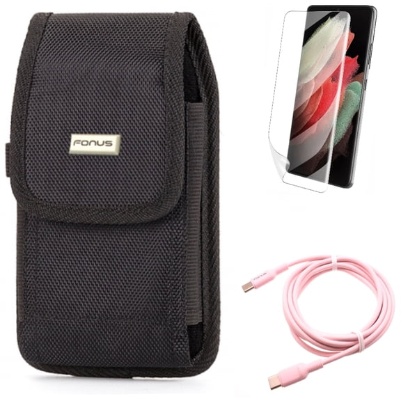 Pink 10ft Long Cable w Case Belt Clip w Matte Screen Protector for Samsung Galaxy S21 Plus - USB-C to Type-C PD Fast Charger, Swivel Holster, TPU Film Anti-Glare Accessory Bundle