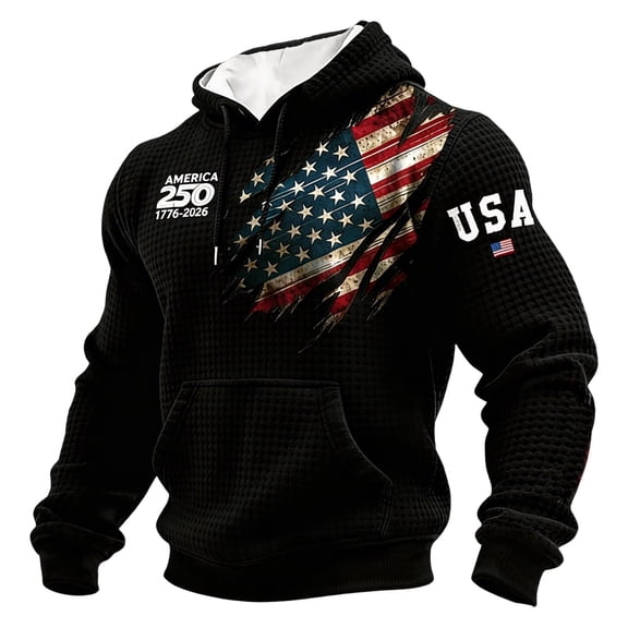 IWRICH Men's USA 250th Anniversary Waffle Hoodie Patriotic USA Flag Shirt 4th of July Hooded Sweatshirt Long Sleeve Color Block Tops with Pocket 05-Black XL