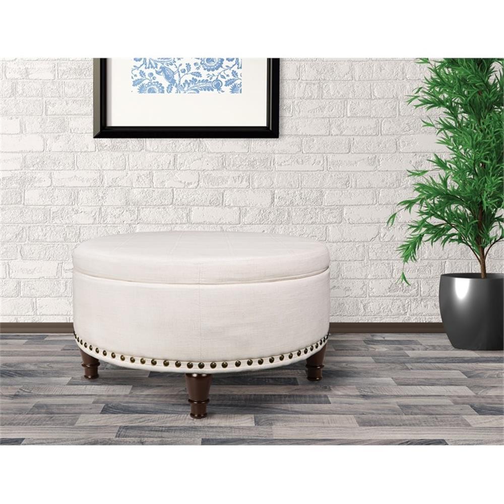 Pemberly Row Modern Round Storage Ottoman in Linen Cream Fabric