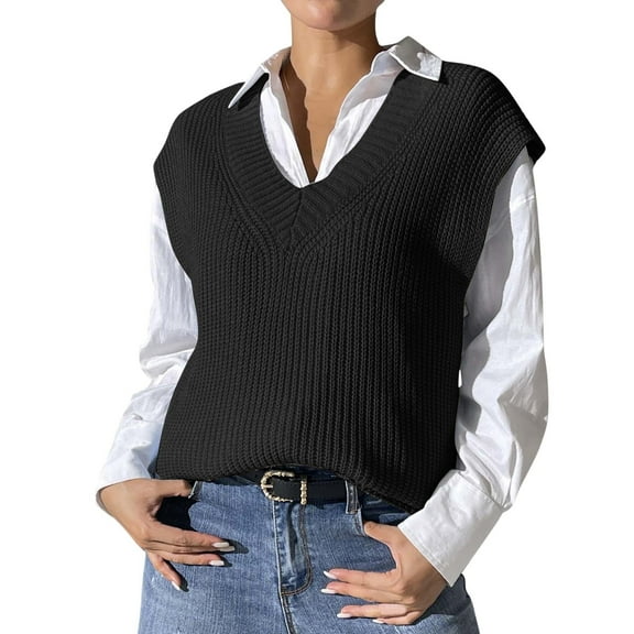 Women's Sweater Vest Solid Color Loose V Neck Cute Sleeveless Knitted Casual Pullover Tops Outerwear for Women