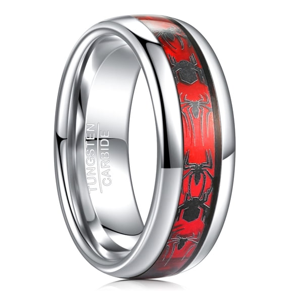 NUNCAD Men's 8mm Tungsten Carbide Inlay Domed Edges Comfort Fit Ring with Spider Pattern