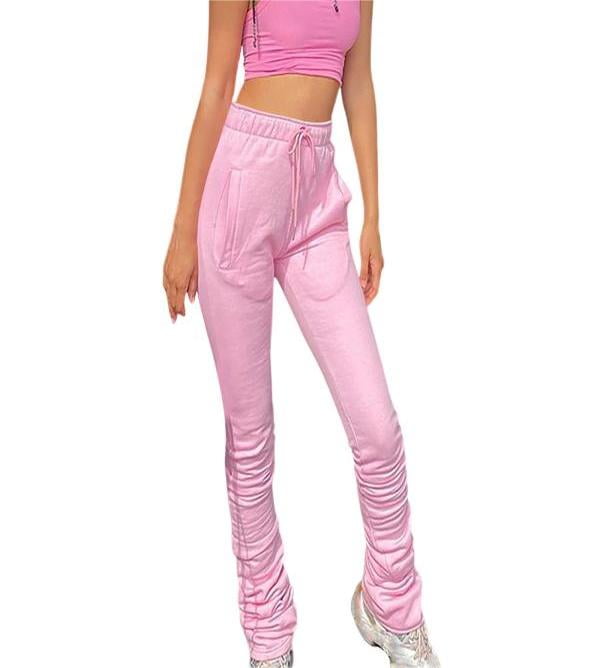 FAIWAD Womens Stacked Sweatpants Elastic High Waist Baggy Casual