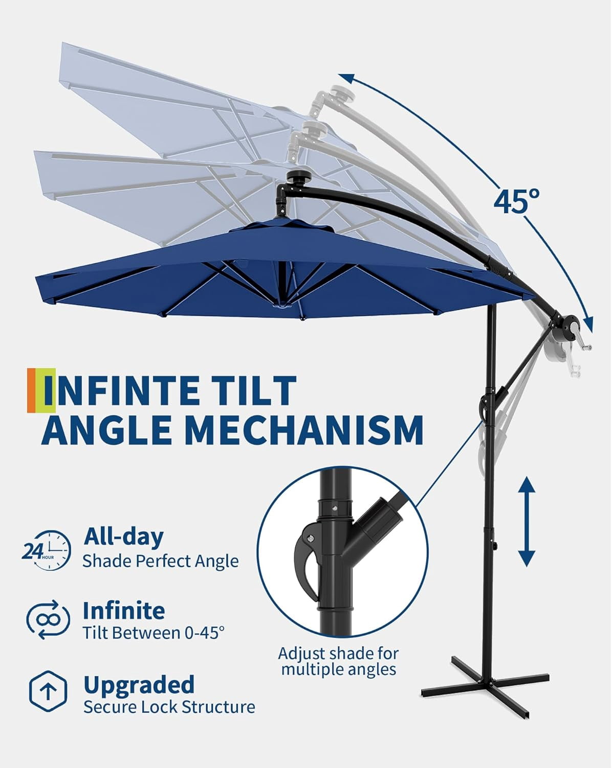 Memoryfield 10FT Cantilever Patio Umbrella with Cross Base, Outdoor Offset Market Umbrella with 360-degree Rotation and Infinite Tilt, for Backyard Lawn Garden and Pool, Navy Blue
