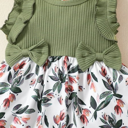 

ZMHEGW Toddler Girls Sleeveless Ribbed Bowknot Dresses Kids Ruffles Floral Printed Princess Dress Headbands Set