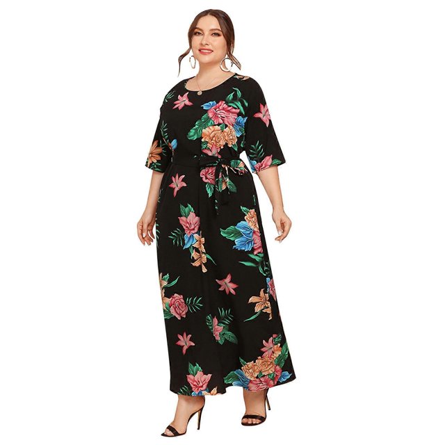 Womens Plus Size Half Sleeve Round Neck Flared Hem Party Loose Maxi Dress Colorful Floral Print Holiday Beach Sundress Black