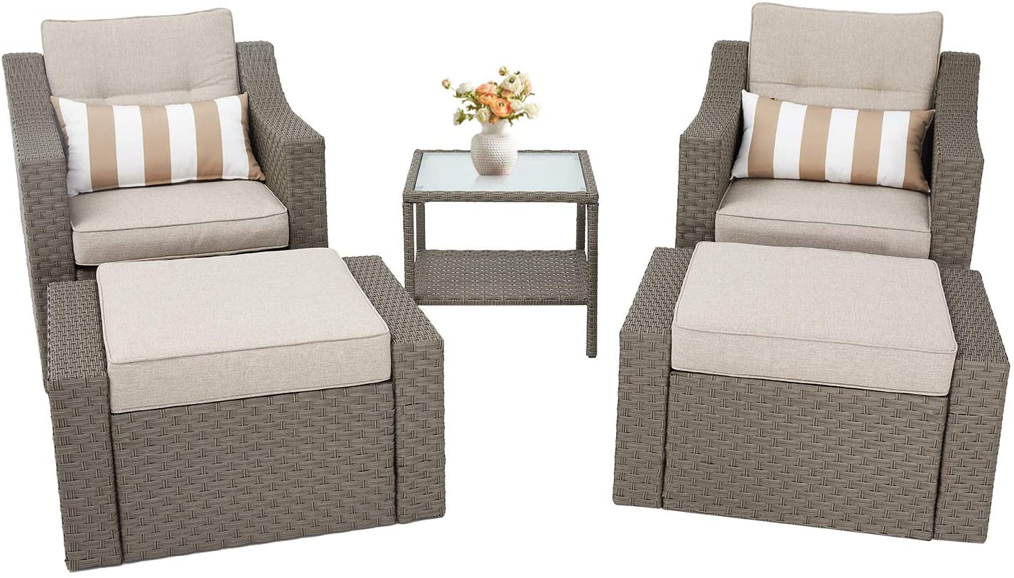 SUNCROWN 5-Piece Outdoor Patio Conversation Set Wicker Furniture Sofa Set for 2 with Table and Ottomans, Neutral Beige - image 1 of 7
